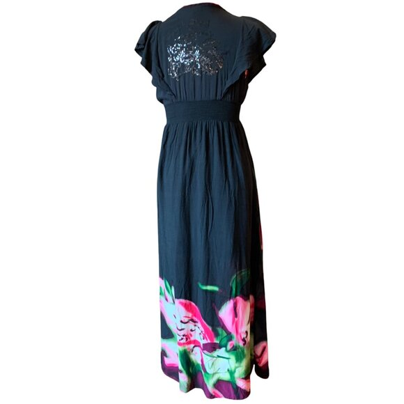 DESIGUAL - Black with pink green Floral prints + sequins - maxi dress size 42 - Picture 9 of 11
